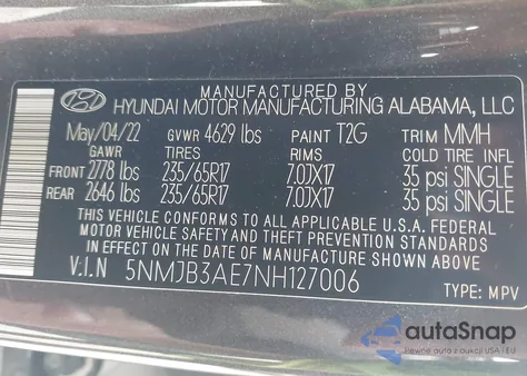 2022 Hyundai Tucson Sel z USA, uszkodzony, nr VIN 5NMJB3AE7NH127006